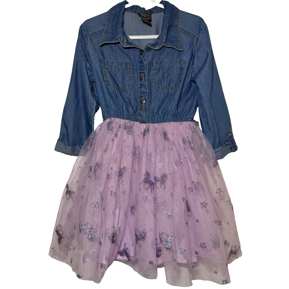 Pink & Violet Girls Size 6 Denim Lavender Unicorn Glitter Twofer Dress Lyocell